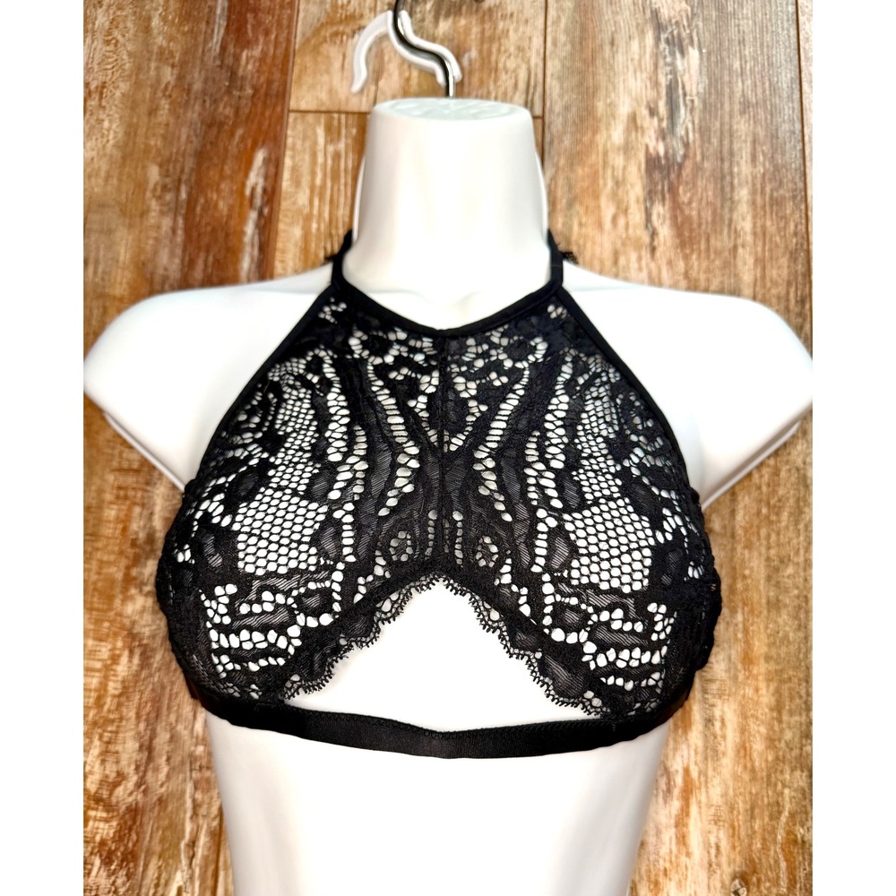 Savage X Fenty Womens S Black Lace High Neck Bralette Open Back NWT Rihanna